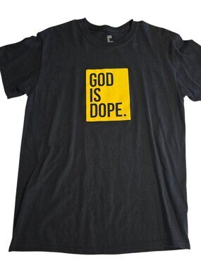 God Is Dope T-Shirt Black Yellow Box Logo Graphic Short Sleeve Tee Cotton Medium
